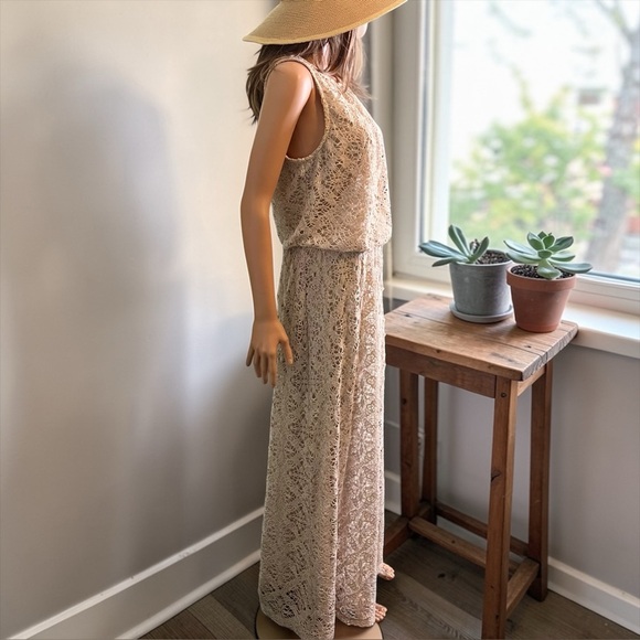 London Times Crochet Maxi Dress Size 10 Beige Boho Lined - Picture 5 of 8